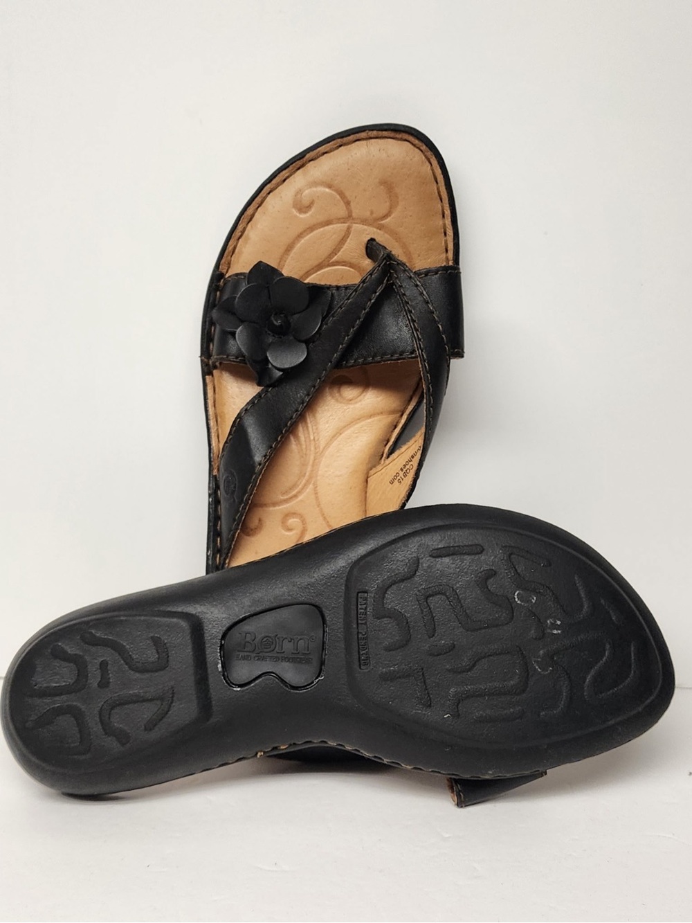 Born Black Leather Flower Thong Sandals
